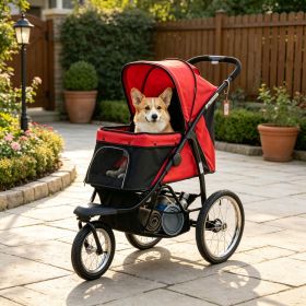 Red 3-Wheel Pet Stroller for Small & Medium Dogs, Adjustable Canopy, Safety Tether, Storage Basket