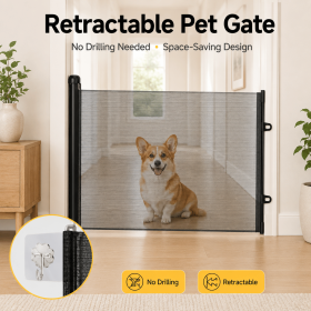Retractable Pet Gate for Dogs & Cats, 70.9" Wide x 30.7" High Mesh Dog Gate for Doorways, Hallways, Kitchen & Bedroom, No-Drill Adhesive Mounting